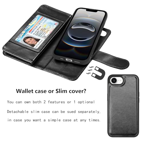 NJJEX Compatible with iPhone 16E Wallet Case, 9 Card Slots, Black | PU leather folio flip, detachable magnetic phone cover, integrated kickstand, included lanyard - color: Black, size: iPhone 16E