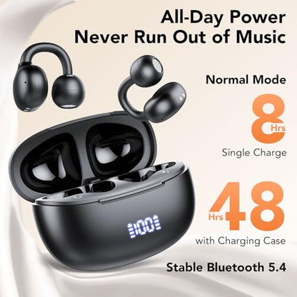 Clip on Earbuds Open Ear Wireless Bluetooth 5.4 Headphones with Noise Cancelling Mic, 48H Playtime Ear Buds,IP68 Waterproof, Comfortable for Small Ears (Light Black)
