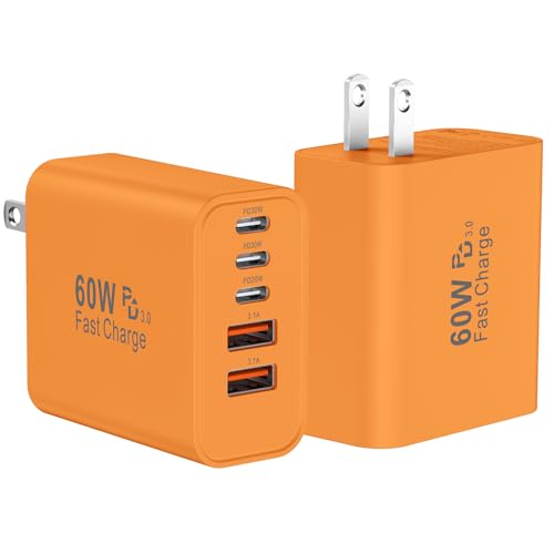 USB C Charger Block Fast Charging, 60W Phone Charger USBC Wall Plug Adapter - color: Orange-2Pack