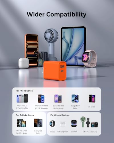 3 Pack USB C Wall Charger, 20W Durable Dual Port QC+PD 3.0 Power Adapter, Double Fast Plug Charging Block for Phone 14/15/16/17 Pro/Pro Max/Plus, XS/XR/X, Watch Series 8/7 Cube - color: Tangerine Red