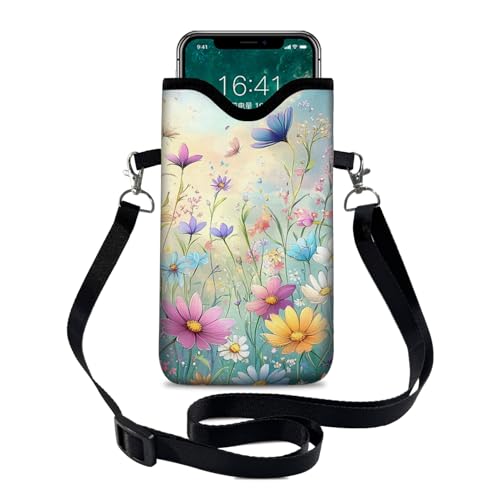 Neoprene Cell Phone Sleeve Pouch Case Bag with Crossbody Strap Neck Lanyard for Women 7.1 X 3.9 in Colorful Flowers - color: Colorful Flowers