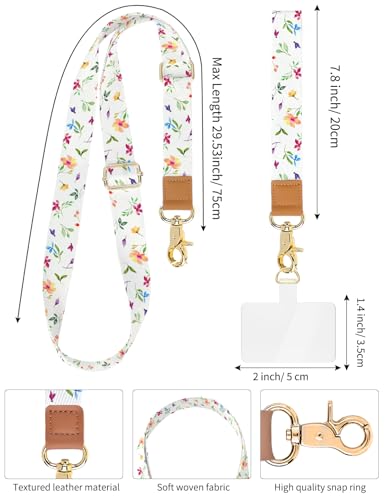 Phone Lanyard Crossbody Strap, Adjustable Neck Strap and Wristlet Strap for Phone Wallet ID Badge with 2 Phone Tabs - color: Floral