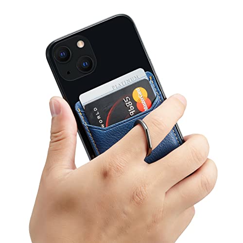 Card Holder Sleeve with Ring, RFID Credit Wallet Synthetic Leather Stick On Back Grip for iPhone Samsung Smartphone - Blue - color: Cow Blue