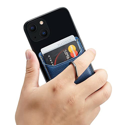Card Holder Sleeve with Ring, RFID Credit Wallet Synthetic Leather Stick On Back Grip for iPhone Samsung Smartphone - Blue - color: Cow Blue