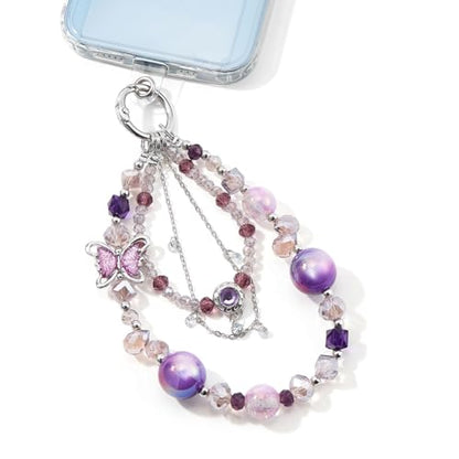 WOZEAH Phone Charm for Women, Beaded Wrist Strap Lanyard with Tether Tab – Anti-Theft Hands-Free Detachable Phone Chain Wristlet - color: DarkPurple Butterfly