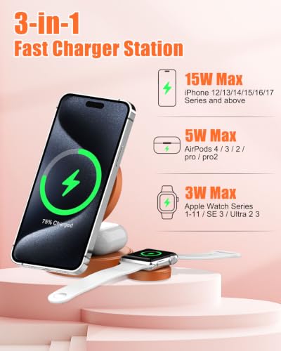3-in-1 Magnetic Wireless Charger for iPhone, Apple Watch & AirPods, Orange - color: Orange