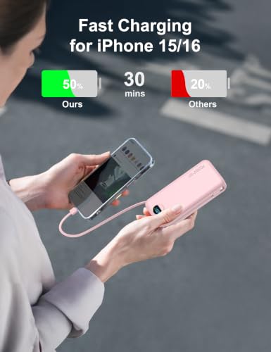 Portable Charger Power Bank 20000mAh with Built in Cables & Wall Plug - color: Pink