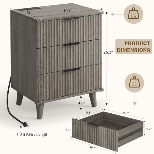 Lulive Wood Bedside Table w/Charging Station, 3 Drawers Fluted Dresser - color: Dark Grey, size: 3 Drawers-Set of 1 Nightstand