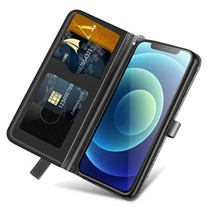 Wallet Case for Apple iPhone 12/12 Pro, PU Leather Flip Folio with Card Holder/Slot, Magnetic Closure, Wrist Strap, Kickstand, Shockproof Cover, Black - color: Black, size: iPhone 12 / iPhone 12 Pro (6.1 inch)