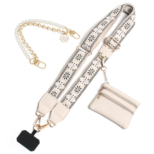 Phone Strap with Zippered Pouch, Clip and Go Strap for Phone with Wallet Crossbody, Adjustable Crossbody Phone Strap-1 - color: Jacquard White