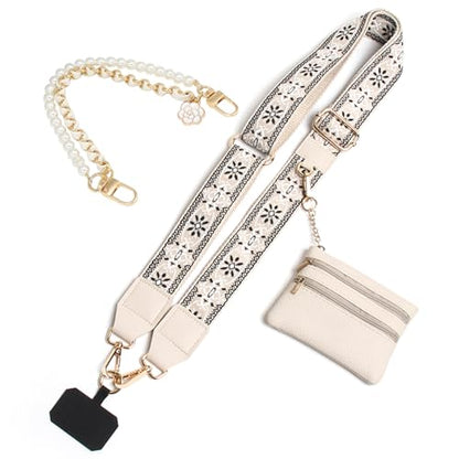 Phone Strap with Zippered Pouch, Clip and Go Strap for Phone with Wallet Crossbody, Adjustable Crossbody Phone Strap-1 - color: Jacquard White