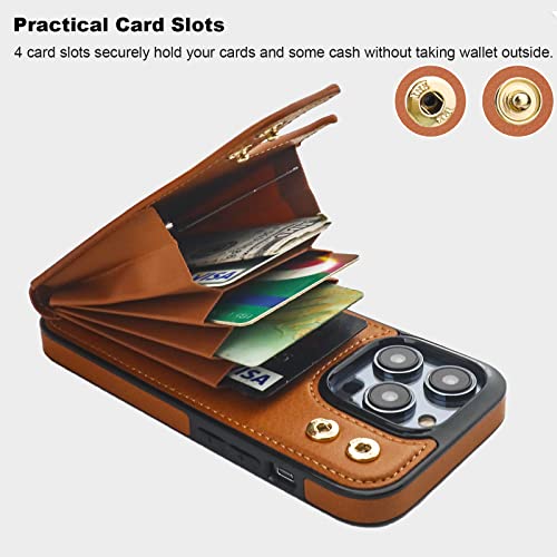Folosu Compatible with iPhone 14 Pro Case Wallet with Card Holder, 360°Rotation Finger Ring Holder Kickstand, RFID Blocking Leather Protective Double Buttons Shockproof Cover 6.1 Inch Brown - color: Brown, size: iPhone 14 Pro