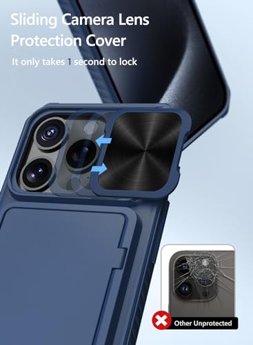 Vihibii for iPhone 15 Pro Case Wallet with Card Holder (4 Cards), Blue | Slide Camera Cover, Kickstand, Military Grade Drop Protection, Rugged Hard Back, Silicone Edge Wallet Phone Case, 2023, Blue - color: Blue, size: iPhone 15 Pro