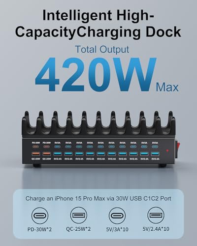 24 Ports 420W Charging Station for Multiple Devices, Iron Alloy USB Charger