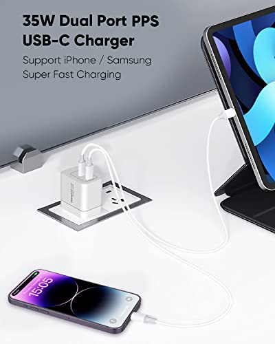 PowerLot USB C Charger, GaN III 35W Dual USB C Wall Charger, PPS Super Fast Charging Block with Foldable Plug for iPhone 15 14 13 12 11, Samsung S23 S22 S21, Pixel 7 6 Pro, MacBook Air, iPad, iWatch - color: White