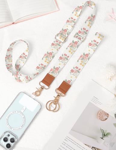 Phone Lanyard Crossbody Strap, Adjustable Neck Strap and Wristlet Strap for Phone Wallet ID Badge with 2 Phone Tabs - color: Beige Flowers
