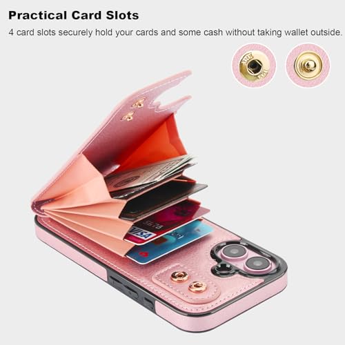 Folosu Compatible with iPhone 16 Case Wallet with Card Holder, 360°Rotation Finger Ring Holder Kickstand, RFID Blocking Leather Protective Double Buttons Shockproof Cover 6.1 Inch Rose Gold - color: Rose Gold