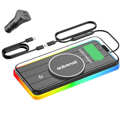 Magnetic Wireless Car Charger Pad, Aubenai 15W RGB Fast Wireless Charging Pad Non Slip Charging Mat with 70cm Extension Cable Compatible with Magsafe Charger iPhone 16 15 14 13 12 (Extension USB-C) - color: Black-Extension USB-C