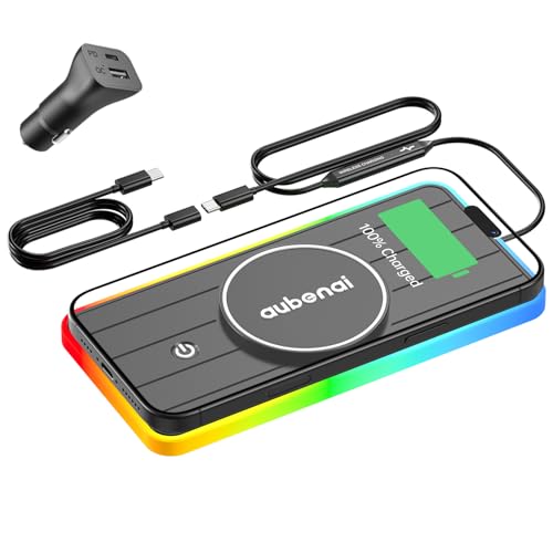Magnetic Wireless Car Charger Pad, Aubenai 15W RGB Fast Wireless Charging Pad Non Slip Charging Mat with 70cm Extension Cable Compatible with Magsafe Charger iPhone 16 15 14 13 12 (Extension USB-C) - color: Black-Extension USB-C