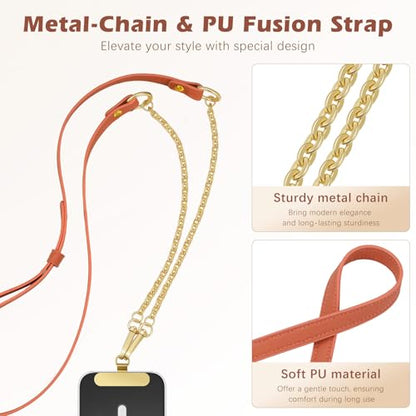 MoKo Universal Phone Crossbody Lanyard Phone Chain, Anti-Theft Adjustable Cellphone Cross Body Neck Strap & iPhone Wrist Strap with 2×Metal Tether Tabs for iPhone 17, Most Smartphones, Orange&Gold - color: Orange&gold