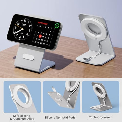 pzoz Magnetic Charger Stand for Apple MagSafe & Qi2 Charger, Aluminum Alloy Charging Dock with Cable Management for iPhone 17/16/15/14/13/12 Series, Standby Mode Desk Holder