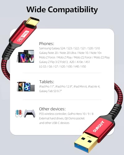 SUNGUY 10Gbps Android Auto USB Cable 1FT, 3A USB C 3.1 Gen2 Cable Data Transfer, USB C CarPlay Cable Fast Charging Compatible with iPhone 17/16/15 Series, Samsung Galaxy S25 S24 Ultra, Pixel - color: Red, size: 1FT