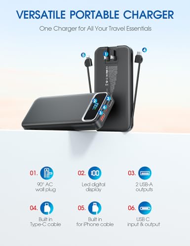 Nusyddy Portable Charger 12000mAh Fast Charging w/Built-in Wall Plug Black - color: Ebony