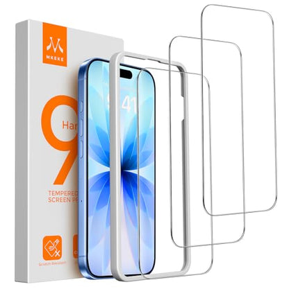 Mkeke 3 Pack Screen Protector for iPhone 17 6.3" [9H+ Tempered Glass] | [Military-Grade Drop Protection][Easy Installation Frame] HD Clear, Anti-Scratch, Bubble Free - size: for iPhone 17 6.3"