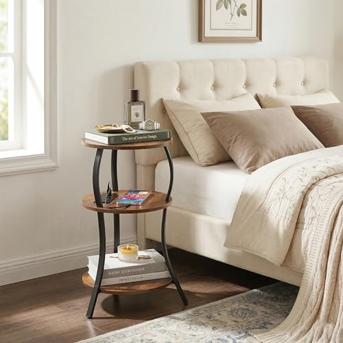 YEAKOO Small Side Table with Charging Station,3-Tier Round end Table - color: Rustic Brown, style: USB Charger
