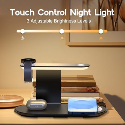 Metal Wireless Charging Station for Samsung/Android Charger,4 in 1 Nightstand Watch Charger Charging Stand with Night Light for Samsung S25/S24/S23 Ultra/Buds3,Only for Galaxy Watch 8/7/6/5