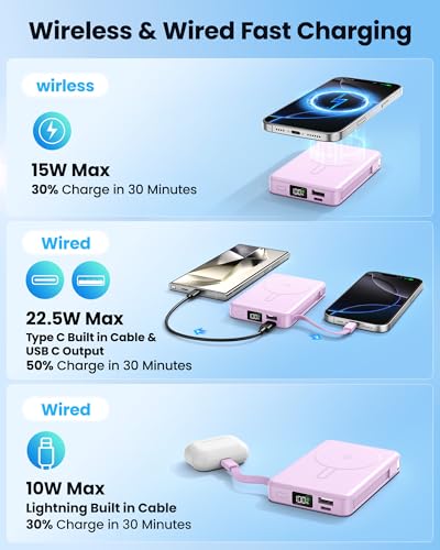 Magnetic Portable Charger 10000mAh Built in Cable for Magsafe Power Bank - color: Purple