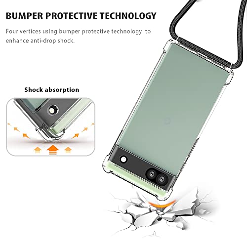 for Google Pixel 6a Lanyard Strap Case Adjustable Cord Neck Shoulder Crossbody Clear Mobile Phone Cover Durable Soft Slim Fit Cover Women Shockproof Phone Case for Pixel 6a - Black - size: for Google Pixel 6a