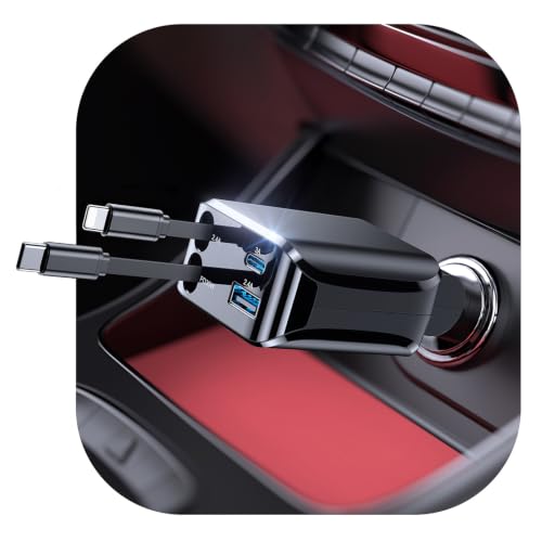 4 in 1 Retractable Car Charger, 69W Fast Charging USB C Car Charger with 2 Built-in Cables & Dual Ports, Multi Port Car Phone Charger Adapter for iPhone 17/16/15, Tablets, Android - color: Black Dual Cable