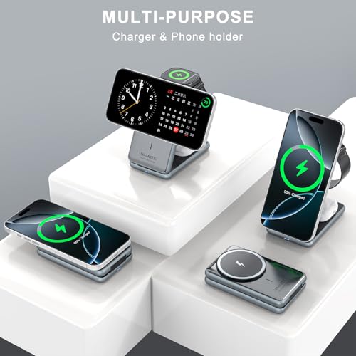 Wireless Charger Charging Station for iPhone: Xpencifan Travel 3-in-1 Charger Stand Multiple Devices for Apple Watch Ultra SE 9 8 7 6 5 4 3 2 - iPhone 16e 16 15 14 Pro Max 13 12 11 - AirPods Pro 4 3 2