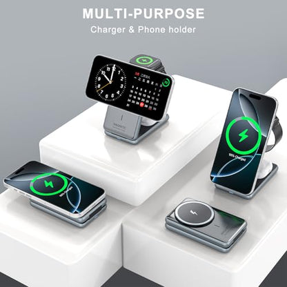 Wireless Charger Charging Station for iPhone: Xpencifan Travel 3-in-1 Charger Stand Multiple Devices for Apple Watch Ultra SE 9 8 7 6 5 4 3 2 - iPhone 16e 16 15 14 Pro Max 13 12 11 - AirPods Pro 4 3 2