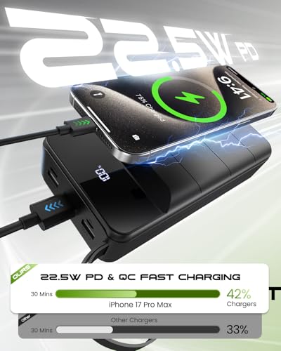 Portable Charger 60000mAh Power Bank 22.5W Fast Charging USB C Battery Pack - color: Black