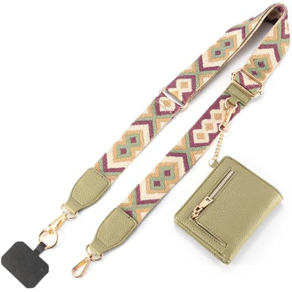 Diaclara Clip and Go Phone Strap with Zipper Pouch- Stylish Crossbody Adjustable Chain Lanyard with Leather Wallet for All Phones, Green - color: Green