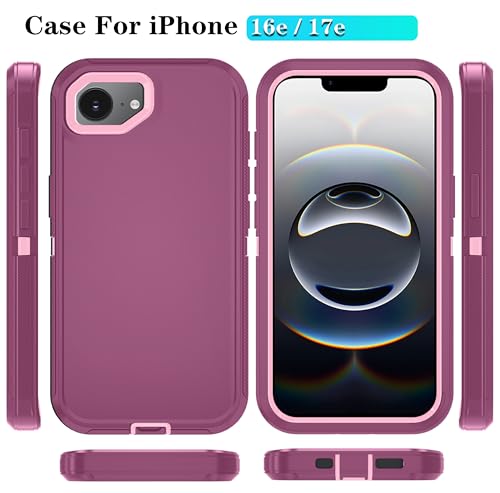 Phone Case for iPhone 16e Case & iPhone 17e Case with HD Screen Protector, Heavy Duty Shockproof & DustProof & 3-Layer Cover Phone Case for iPhone 16e/17e,WineRedPink - color: WineRedPink