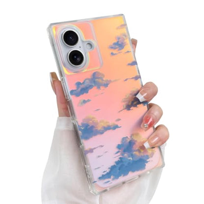 Cute Rectangle Case for iPhone 16 Case, Iridescent Clouds | Twilight Sun Set Sky Pattern Design, Aesthetic Girly Matte Glitter Protective Phone Cover for Women Girls - size: iPhone 16
