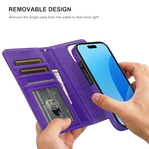 Bocasal Detachable Wallet Case Card Holder for iPhone 16 Pro, Purple | RFID Blocking Kickstand Card Slots Holder PU Leather Magnetic Shockproof Wrist Strap Removable Flip Protective Cover 6.3 inch - color: Purple