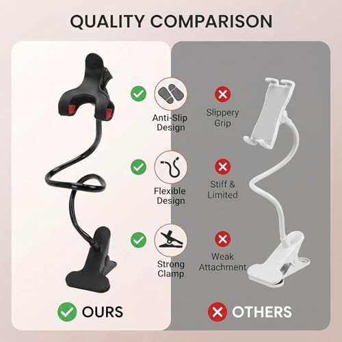 Zopsc Gooseneck Phone Holder for Bed, Flexible Long Arm Cell Phone Stand with Clamp, 360 Adjustable Overhead Mount for Headboard Desk Bedside, for 4 7in Smartphones