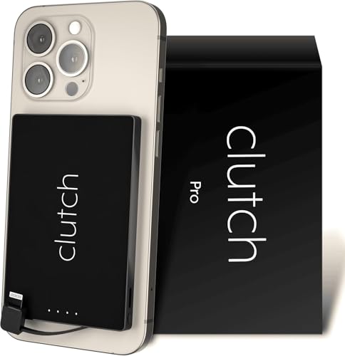 Clutch Pro – World's Thinnest iPhone Charger – Portable Power Bank 5000mAh – Magnetic Built-in Lightning Cable – TSA Approved Travel Charger – iPhone 14 & Earlier – Black - color: Black