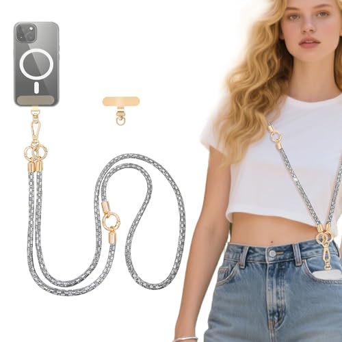 Crystal Phone Lanyard Crossbody Adjustable Rhinestone Anti-Theft Phone Strap Crossbody Cell Phone Neck Strap for Women - color: White