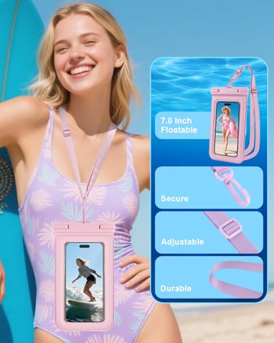 Floating Waterproof Phone Pouch, Up to 8.3", 2 Pack - Pink | Touchscreen, IP68 Waterproof Phone Case, Adjustable Lanyard, Fits All Phones - Kayak Beach Cruise Ship Travel Essentials - color: Pink