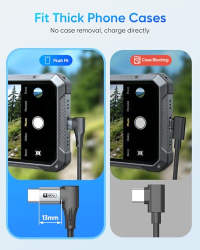 Longer Right Angle USB C Cable 1FT, 60W USB C to USB C for Thick Cases - size: 1FT+1FT