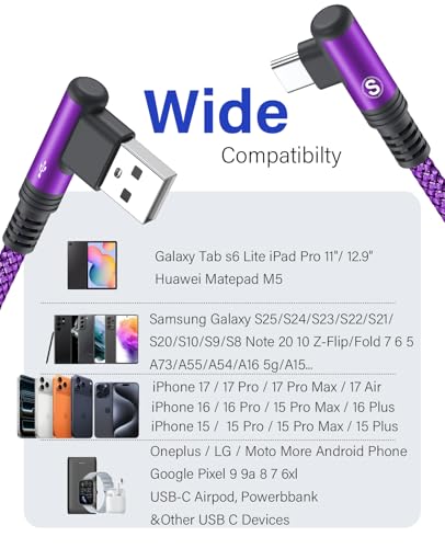 USB to USB C Cable 3.1A Fast Charge Right Angle CarPlay 3.3ft 2-Pack Purple - color: Purple, size: 3.3ft+3.3ft