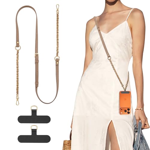 TiMOVO 2-in-1 Phone Lanyard Crossbody, Adjustable Phone Strap for Most Smartphones, PU Strap Combo with Metal Chain for Women - color: Brown