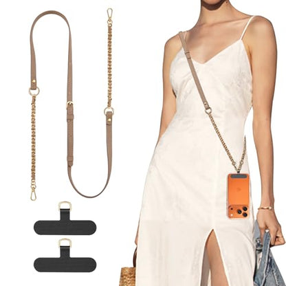 TiMOVO 2-in-1 Phone Lanyard Crossbody, Adjustable Phone Strap for Most Smartphones, PU Strap Combo with Metal Chain for Women - color: Brown