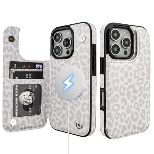 HAOPINSH for iPhone 16 Pro Case Wallet Compatible with MagSafe Wireless Charging, White Leopard Cheetah Pattern Back Flip Folio Leather Kickstand Card Slots Case Double Magnetic Clasp Cover 6.3" - color: White Leopard for MagSafe