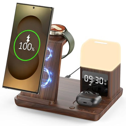Wireless Charger for Samsung/Android, 6 in 1 Phone Nightstand Charging Station Charger with Alarm Clock/Night Light for Samsung S26/S25/S24 Ultra/Buds4,Watch Charger for Galaxy Watch 8/7/6/5 - color: Wood Brown